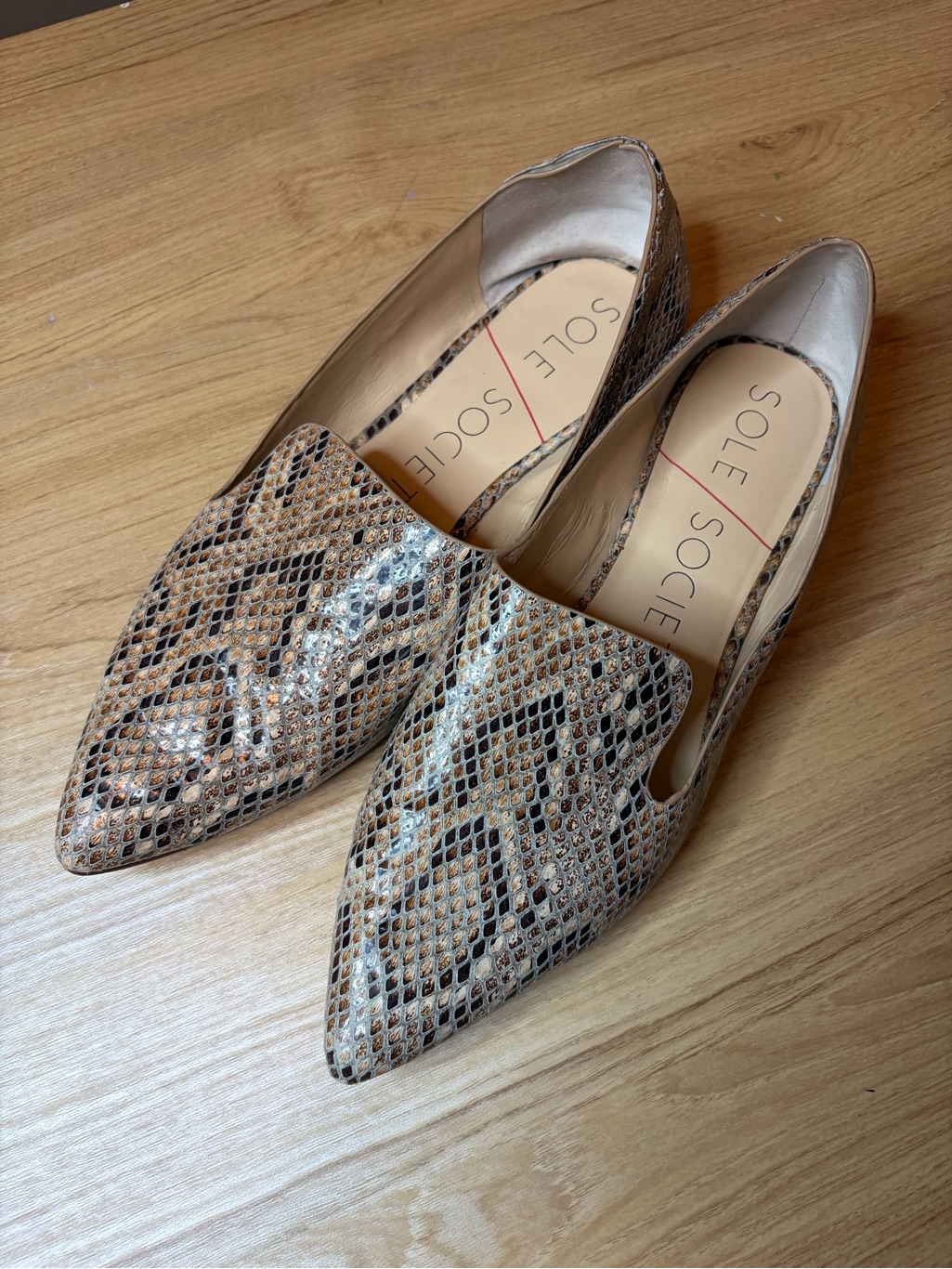 Sole Society Pointed Snake-Print Flats In Brown & Black 6m